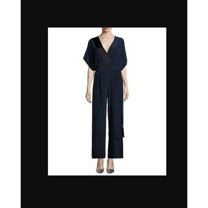 Diane Von Furstenberg Kimono Sleeve Jumpsuit 6 Faux Wrap Navy Blue